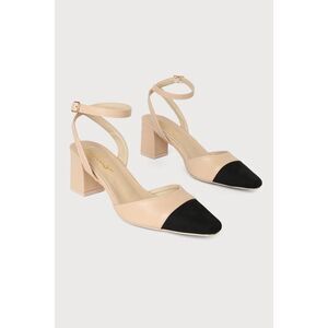 Lulus Lelaya Black And Light Nude Ankle Strap Pointed Toe Pumps Beige - Size 7.5